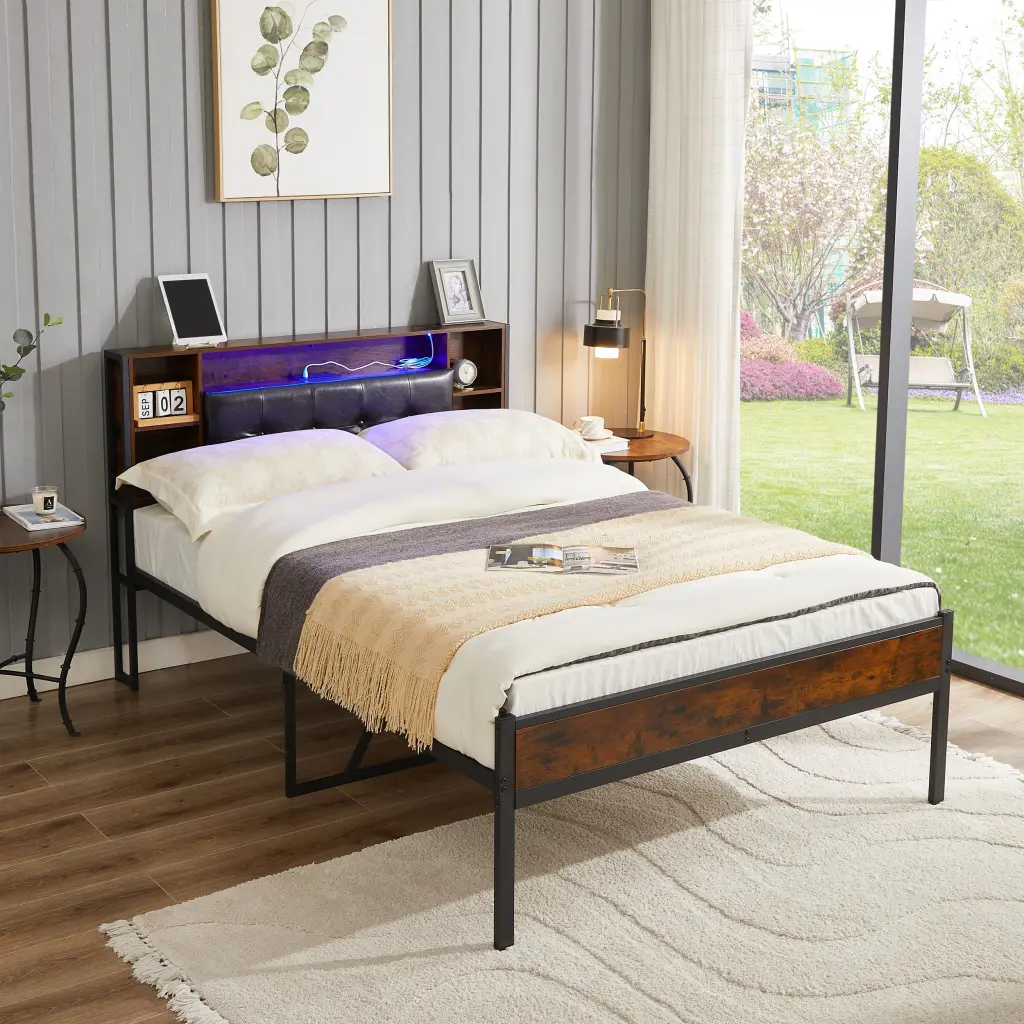 Bed Frame Storage Headboard USB Charging Station Metal Platform Bed one future