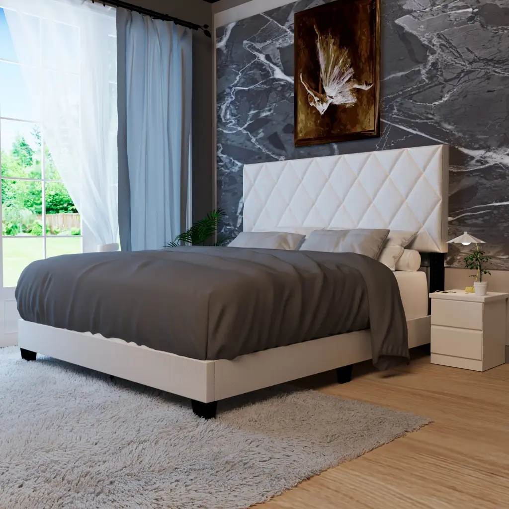 White Queen Dimensions Customizable Upholstered Bed Frame American Effortless serene home