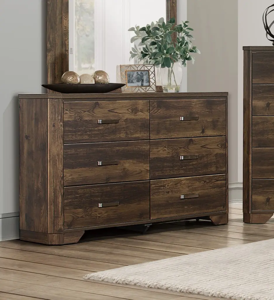 Rustic Brown Finish Gown Dresser Storage Drawers and Clipped Corners kanepe