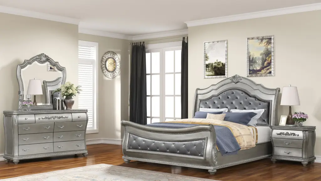 Destiny Traditional Style 4 Pc Queen Bedroom Set Upholstered Crystal Accents galaxy home furnishings