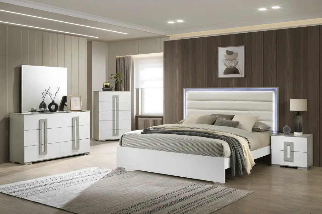 Olivia Contemporary Style 5 Piece Queen Bedroom Set LED Headboard galaxy home furnishings