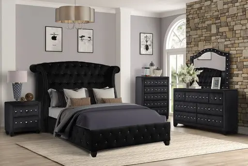 Queen 5 Piece Upholstered Bedroom Set Timber Frame Black Box Spring galaxy home furnishings