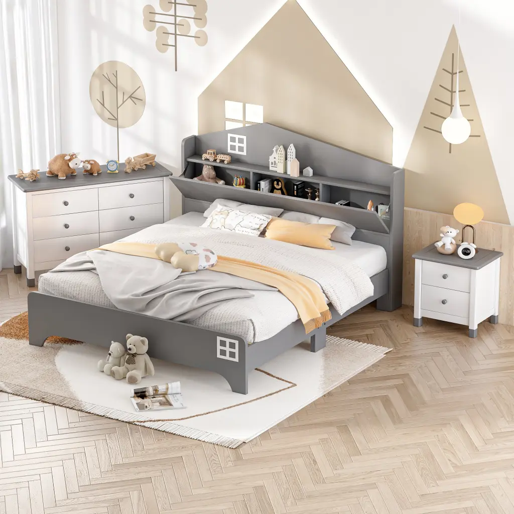 3 Piece Bedroom Set Full Size Wood Bed Storage Headboard Nightstand Dresser homey life