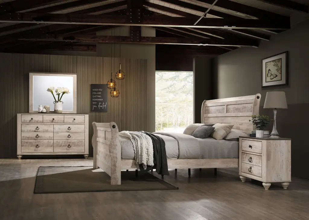 Imerland Contemporary White Wash Finish Bedroom Set Queen Sleigh Bed hz