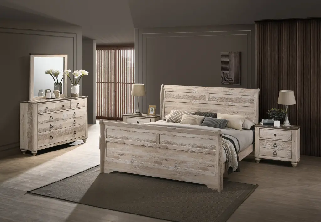 Imerland Contemporary White Wash Finish King Sleigh Bedroom Set hz