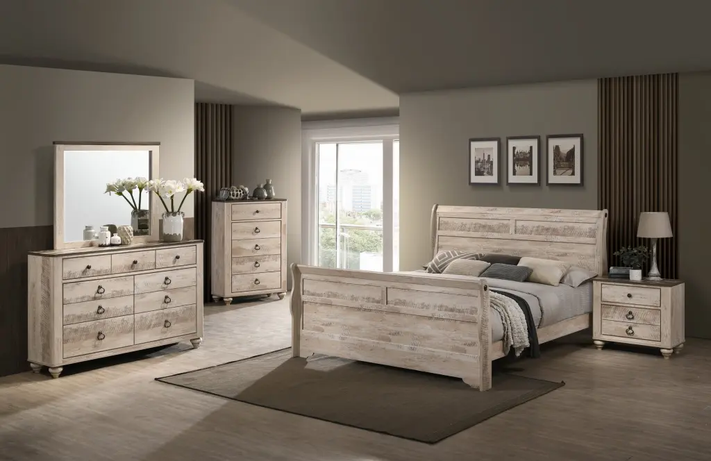 Imerland Contemporary White Wash Finish Queen Sleigh Bedroom Set hz