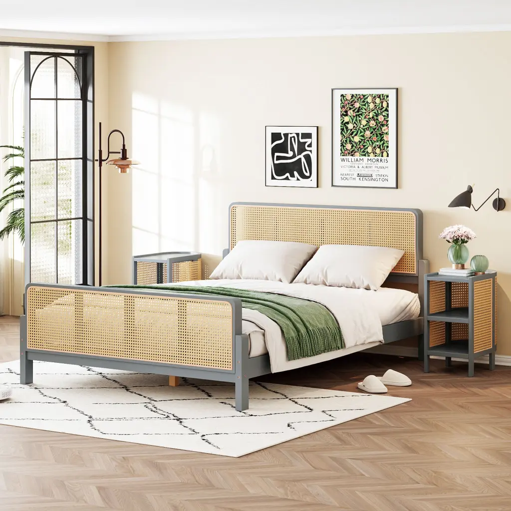 3 Pieces Rattan Platform Bed 2 Nightstands Gray Full Size Bedroom Set lucky furniture