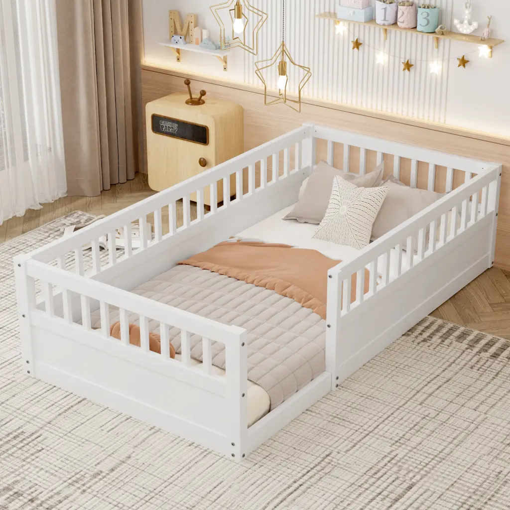 Twin Floor Bed Frame Fence Timber Kids Floor Bed Frame Bedroom w2593