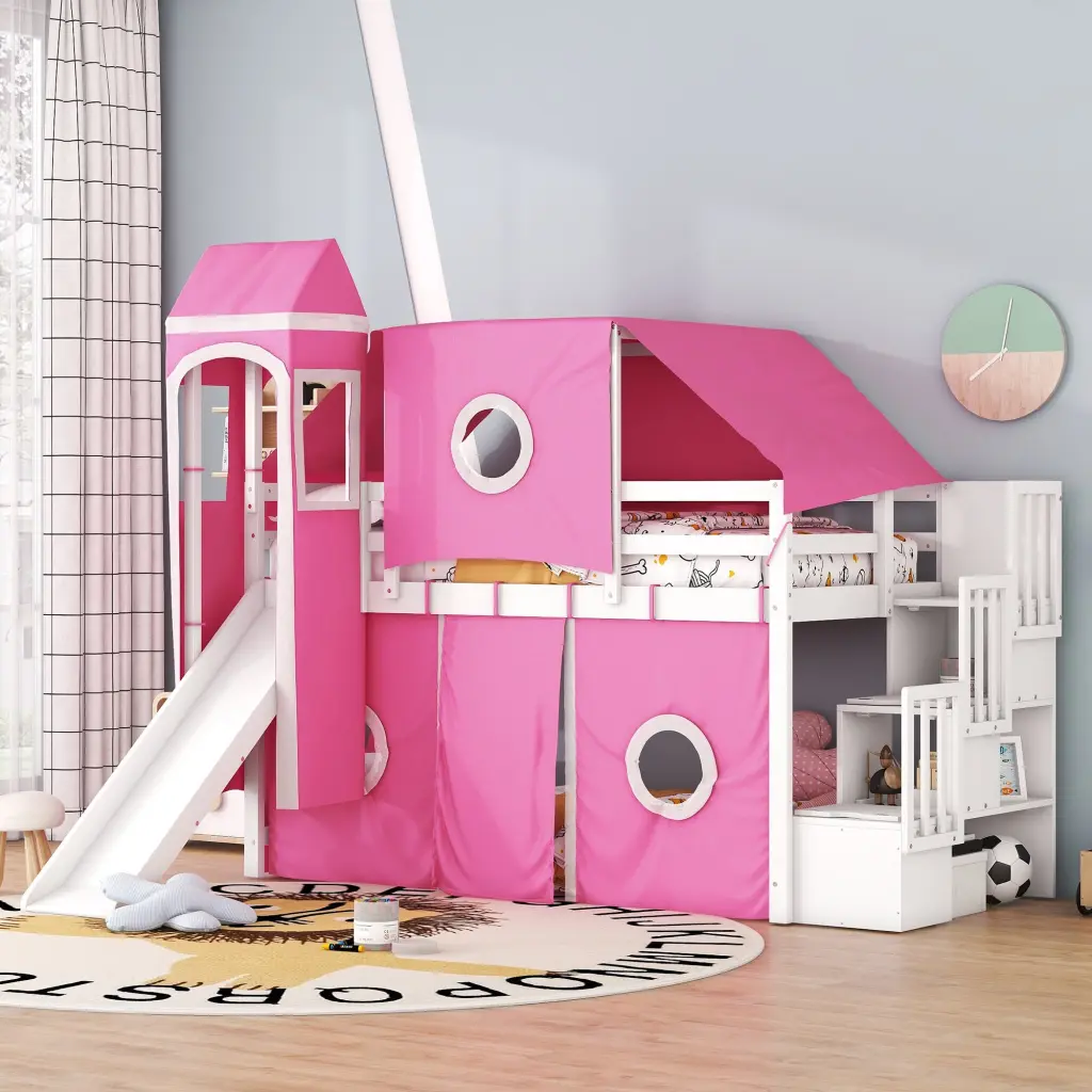 Twin Loft Bed Tent and Tower Pink Solid Timber Kids Bed Frame lucky furniture