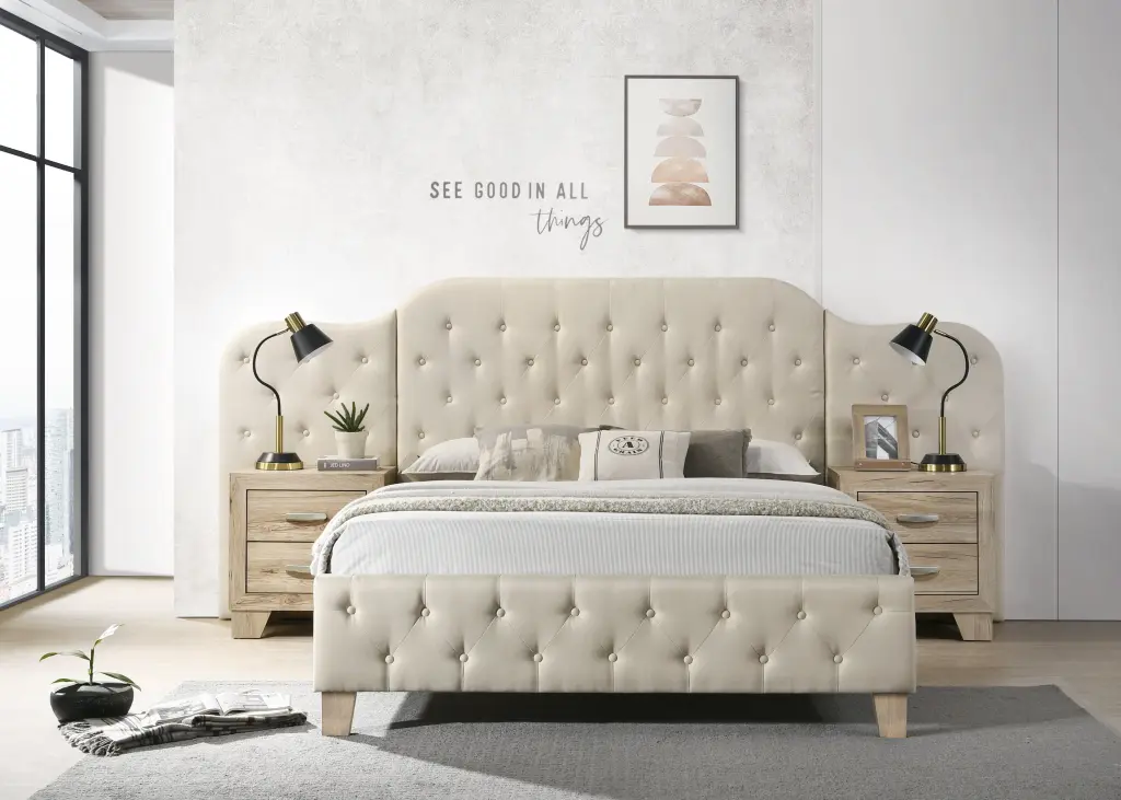 Ranallo Eastern King Bed Beige Linen Upholstered Bed Frame BD01777EK acme onsite store