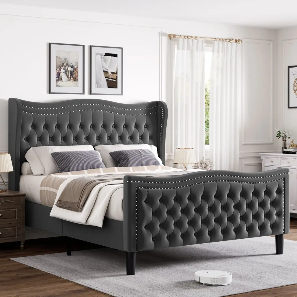 Lift Up Velvet Gray King Size Bed Box Spring Not Required aobang furniture
