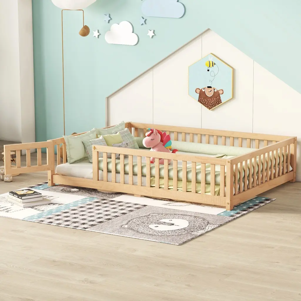 Full Dimensions Bed Floor Bed Safety Guardrails And Door Kids Natural Wood bonwell