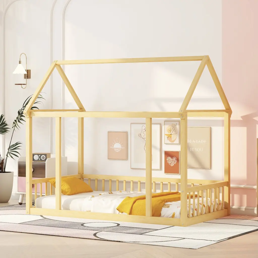 Twin Dimensions Floor Wooden Bed Houtilize Roof Frame And Safety Guardrails Kids Bed bonwell
