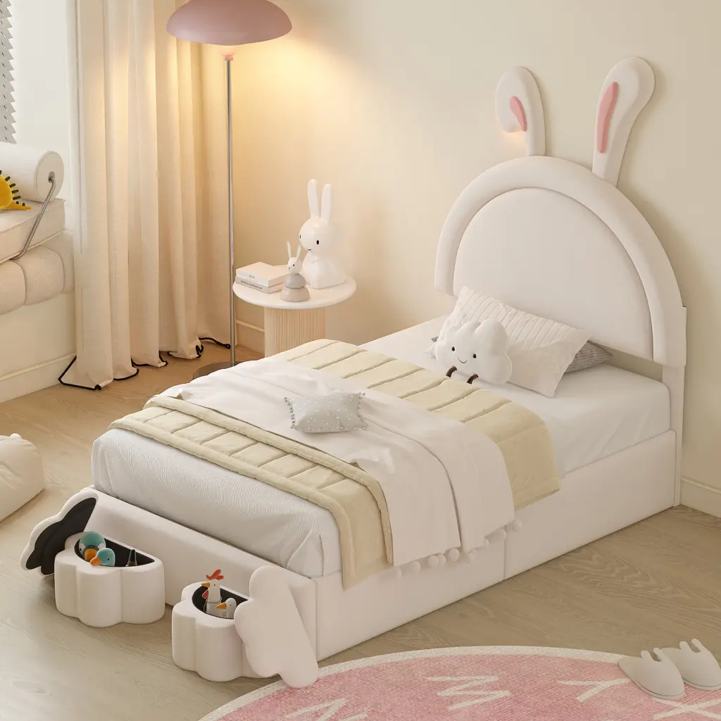 Twin Size Upholstered Rabbit Shape Bed 2 Storage Stools Velvet homey life