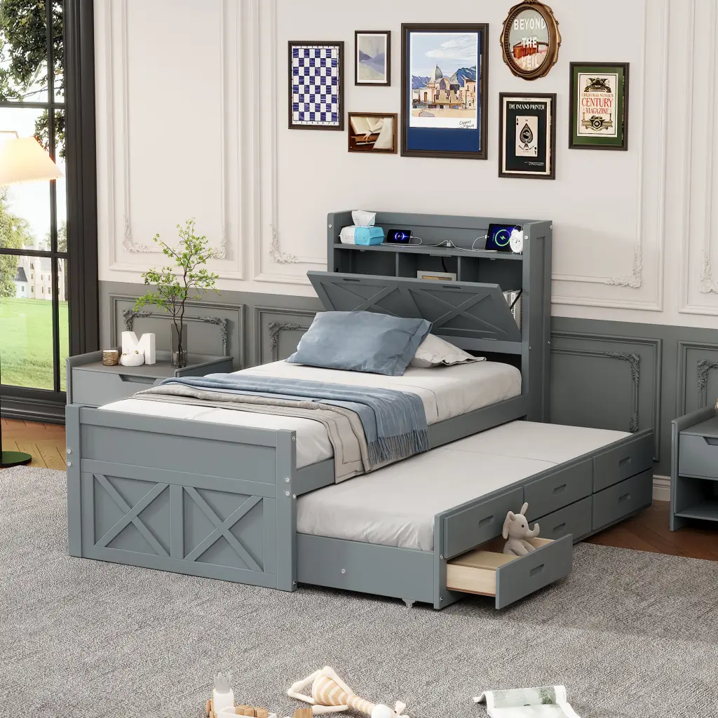 Twin Wooden Bed Storage Headboard Outlets Extendable Frame homey life