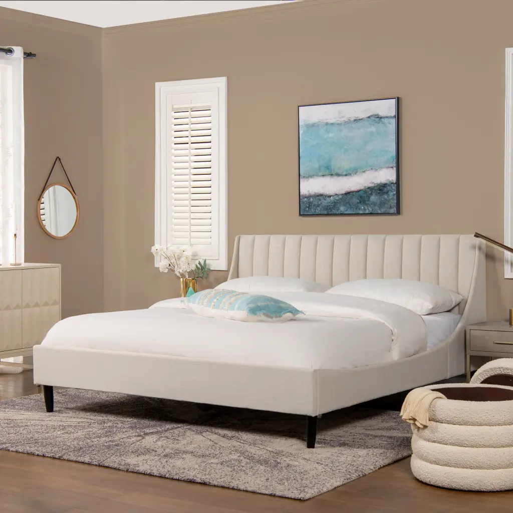 Aspen Vertical Tufted Headboard Platform Bed Set King Size Light Beige Linen jennifer taylor home