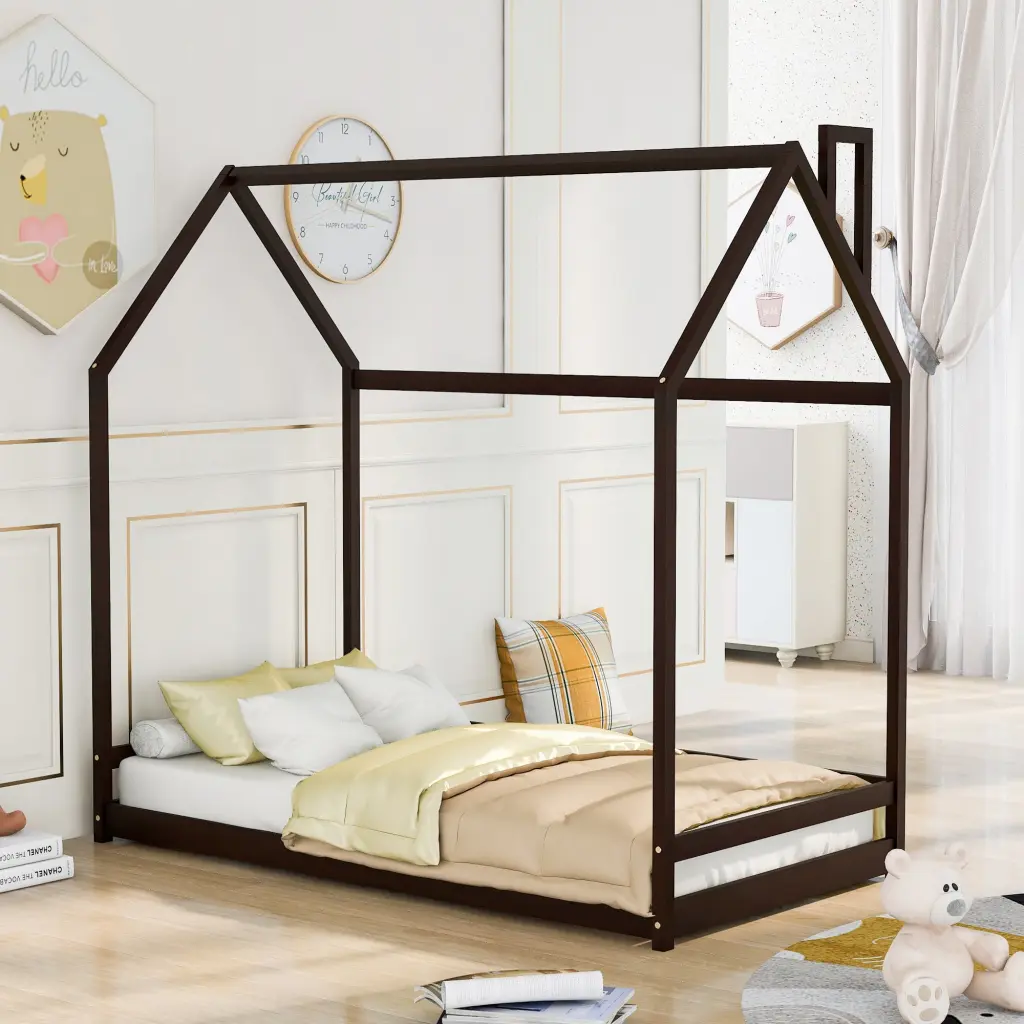 Twin Dimensions House Bed Timber Bed Espresso Finish Kids Bedroom Furniture lucky furniture