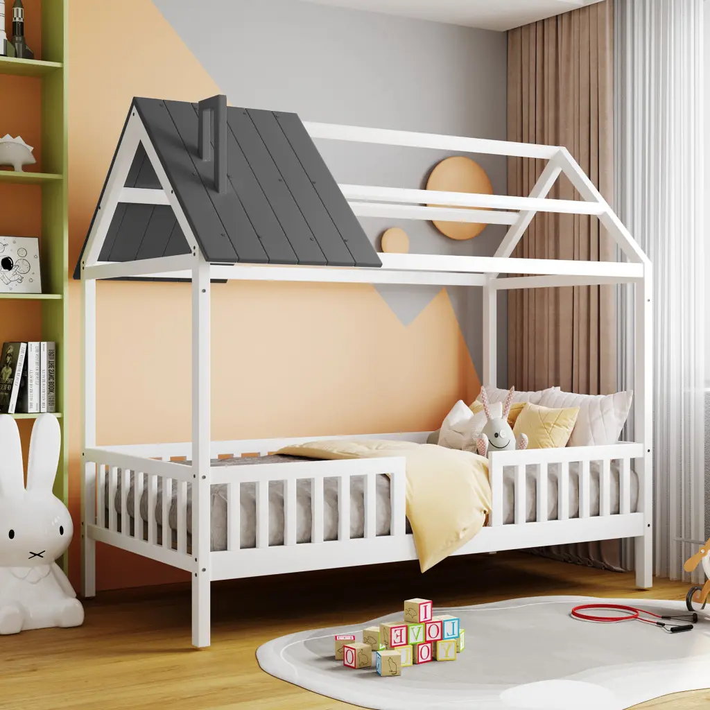 Twin Wood Utilize Bed Fence White Gray Solid Wood Finish lucky furniture