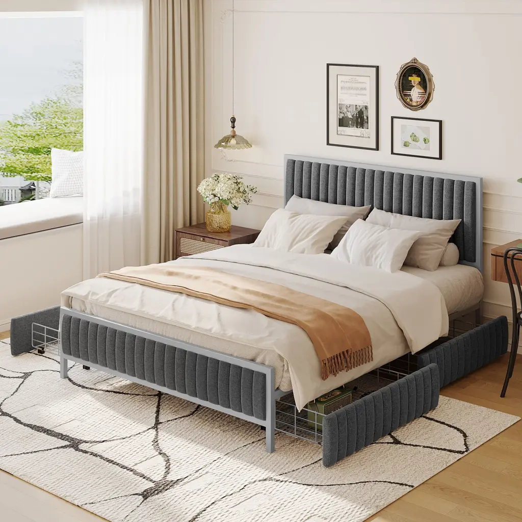 Queen Dimensions Metal Frame Upholstered Bed 4 Drawers Linen Fabric lucky world