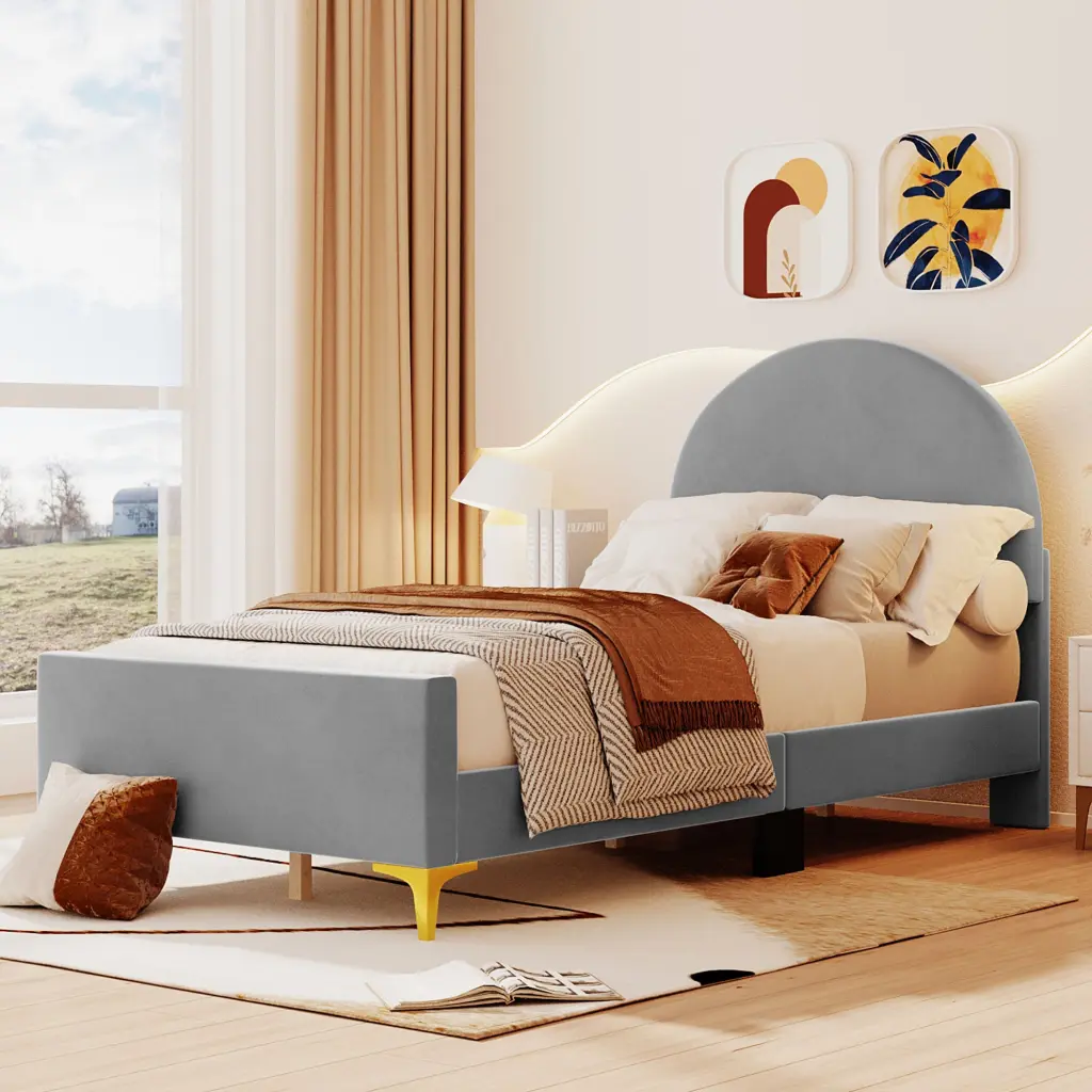 Twin Dimensions Upholstered Platform Bed Semi Circle Headboard Modern Bedroom Furniture lucky world