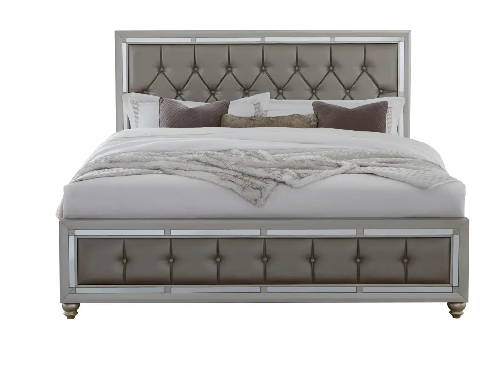 Chloe Diamond Shiny Metal Full Bed - Grey Solid Timber MDF Frame Modern Design luxe modern furniture