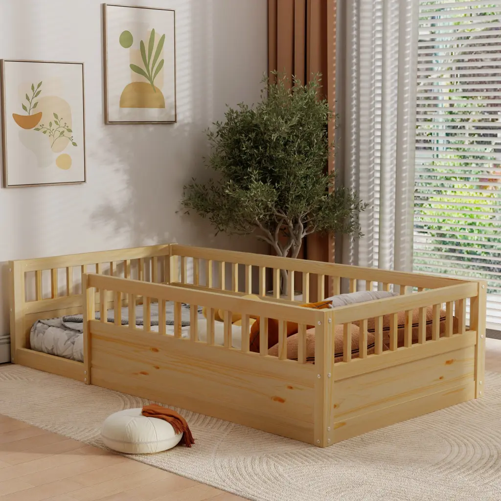 Twin Floor Bed Frame Fence Timber Kids Floor Beds Frame Bedroom w2593