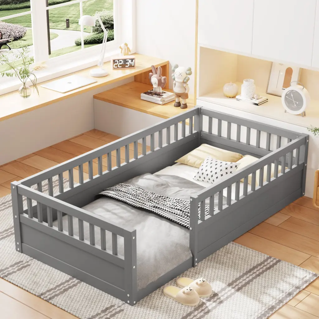 Twin Floor Bed Frame Fence Timber Kids Floor Beds Frame Bedroom w2593