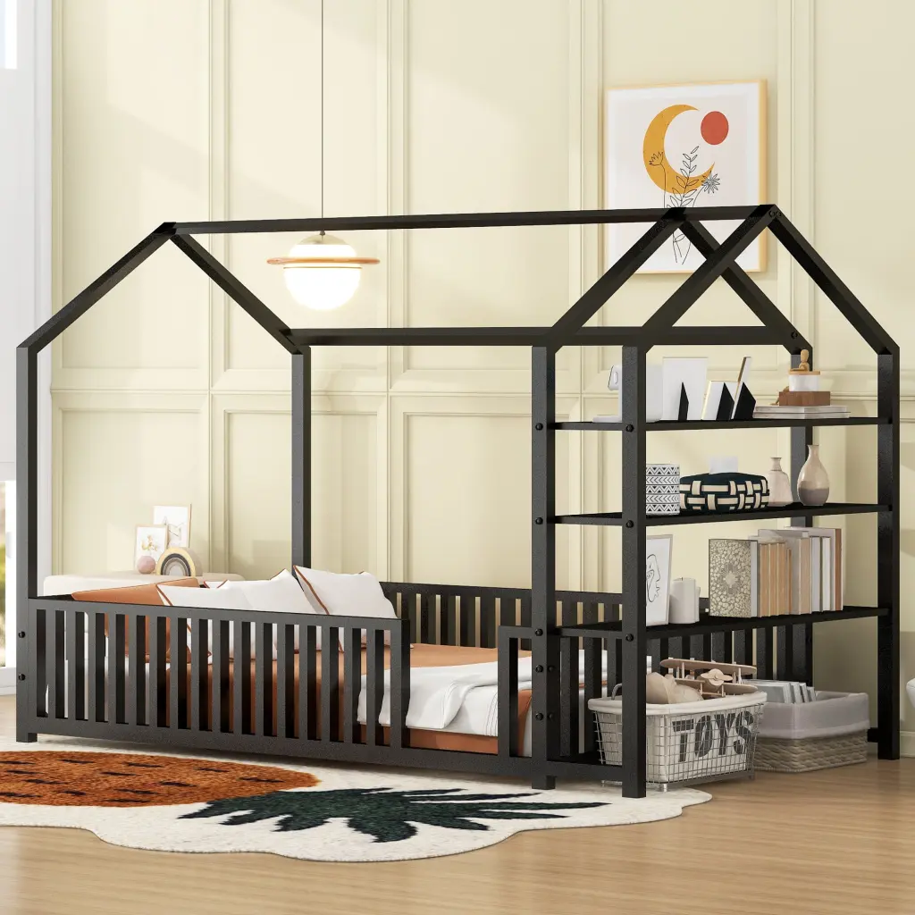 Twin Dimensions Metal Utility Bed Fence and Detachable Storage Shelves wm dreamland