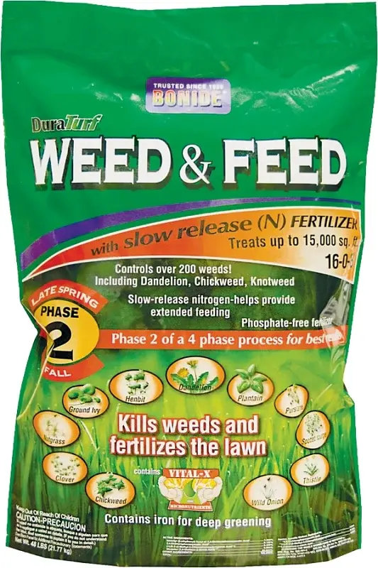 DuraTurf 60424 Weed and Feed Lawn Fertilizer, 48 lb, Durable, 16-0-8 N-P-K Ratio