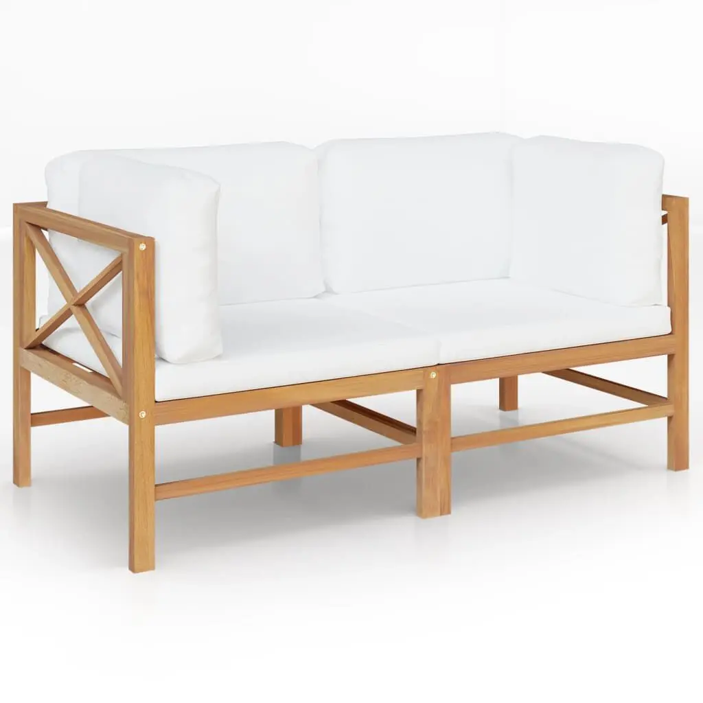 2-Seater Patio Bench Cream Cushions Solid Teak Wood Outdoor Furniture