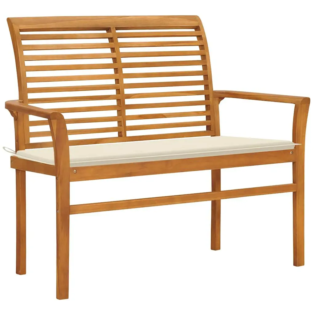 44.1 Inch Patio Bench Cream Cushion Solid Teak Wood Outdoor Furniture