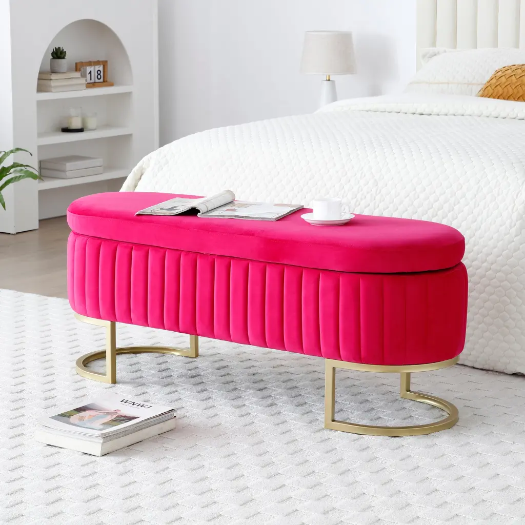 Velvet Upholstered Oval Storage Bench Bedroom End Bed aijiafurniture