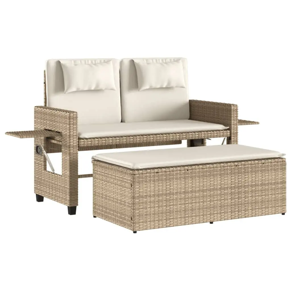 Beige Poly Rattan Reclining Patio Bench Cushions Outdoor Furniture