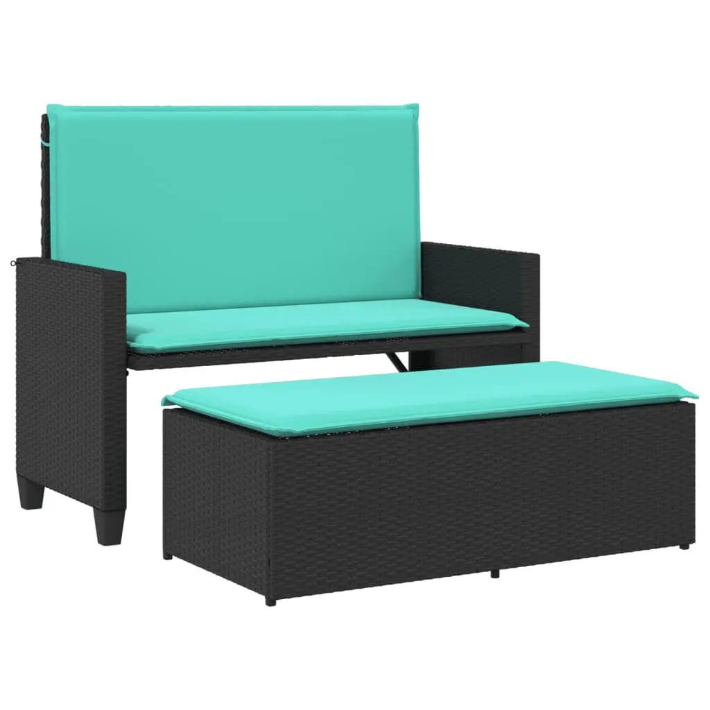 Black Poly Rattan Patio Bench Cushions and Footstool Outdoor Furniture