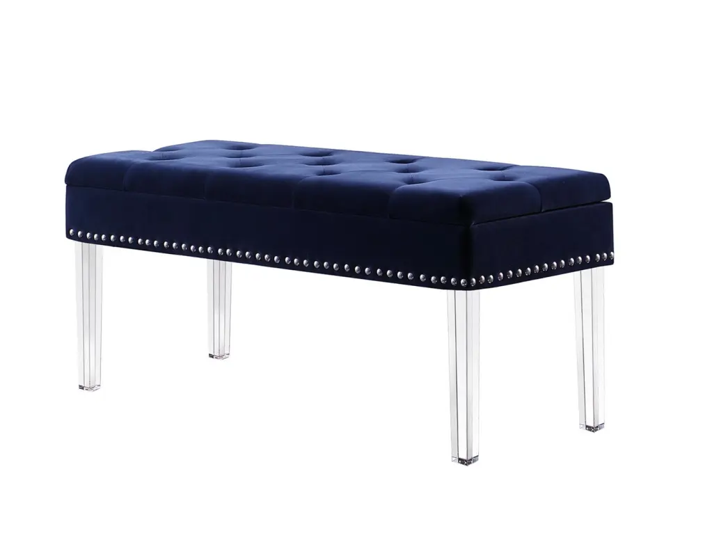 18 Inch Tall Navy Blue Tufted Storage Bench Acrylic Clear Legs Entryway Living Room california home