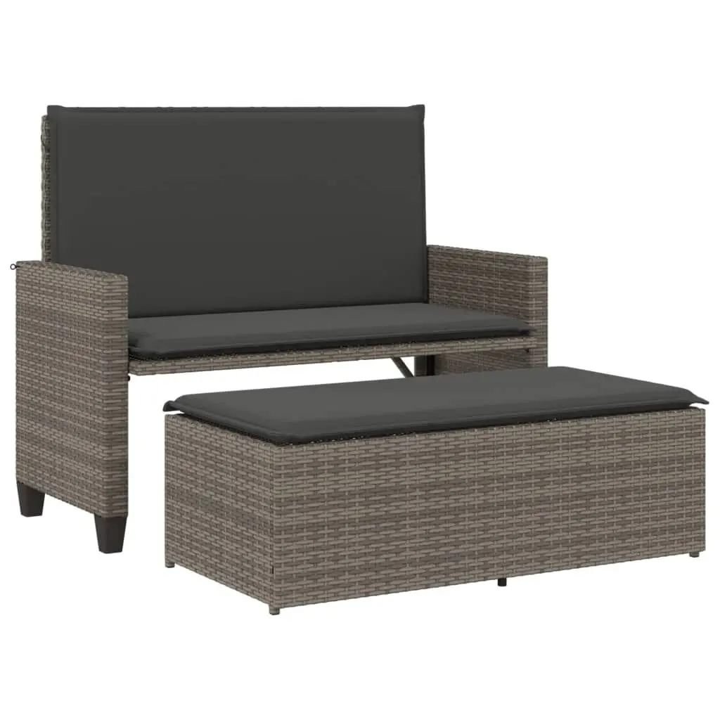 Gray Poly Rattan Patio Bench Cushions and Footstool Outdoor Furniture