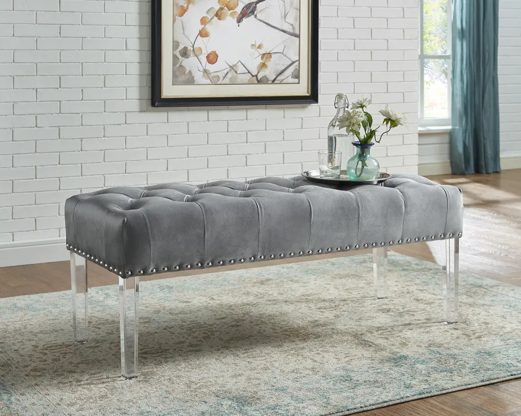 Valley Button Tufted Velvet Upholstered Bench Acrylic Leg Gray hz