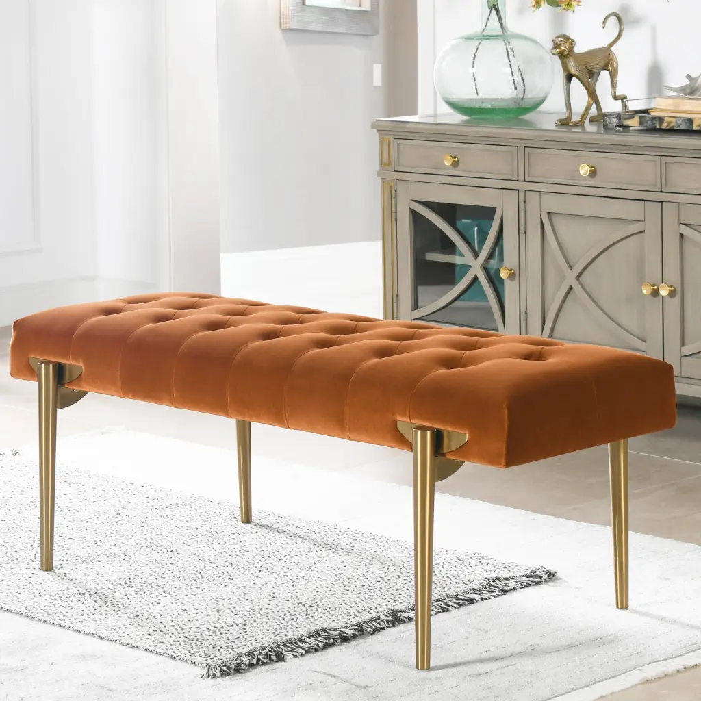 Aria Upholstered Precious Metal Accent Bench - Burnt Orange Performance Velvet Entryway jennifer taylor home