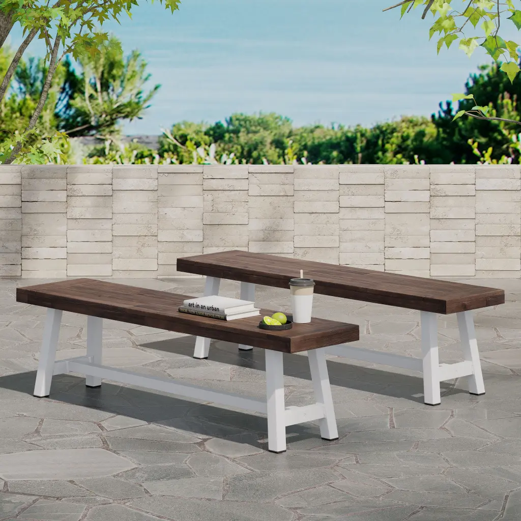 Outdoor Carlisle Benches Sandblasted Dark Brown White Set 2 Garden Benches nh-uhome