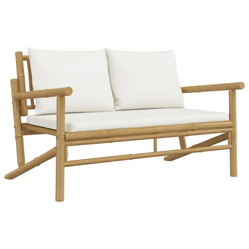 Patio Bench Cream White Cushions Bamboo Outdoor Garden Furniture