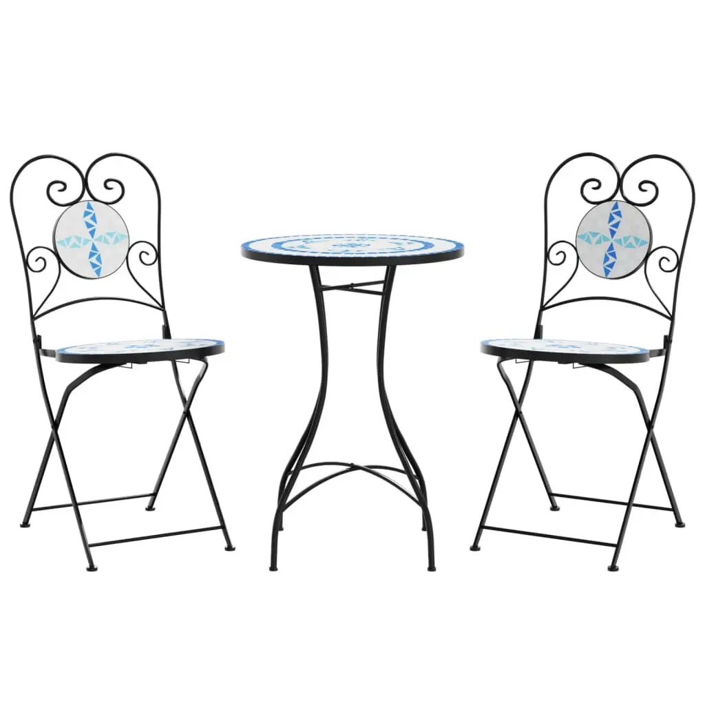 Blue and White Mosaic Bistro Set Iron and Ceramic Outdoor Dining Table