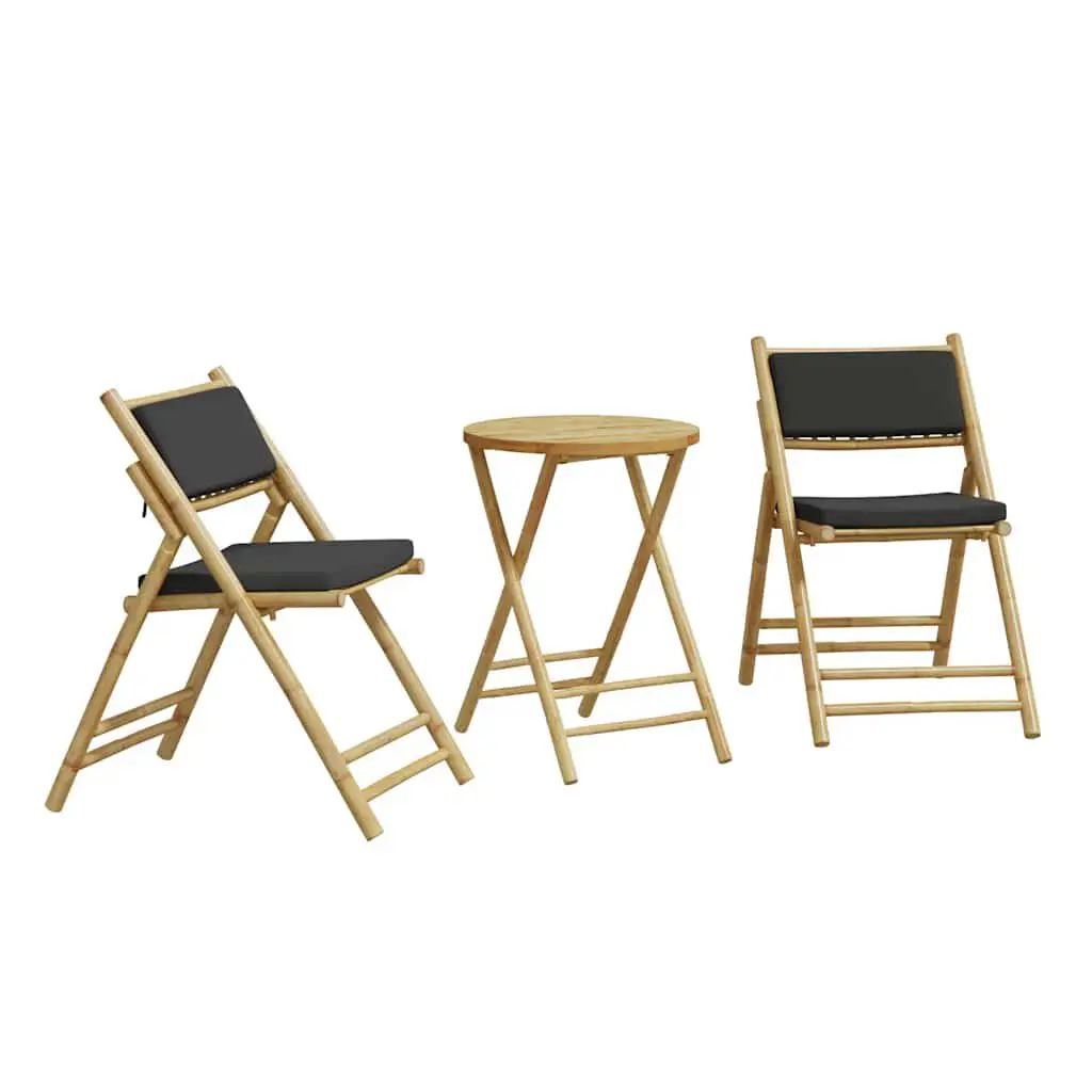Folding Bistro Set 3 pcs Cushions Bamboo Outdoor Furniture