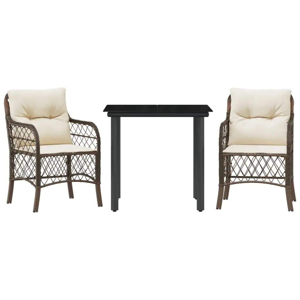 3 Piece Bistro Set Brown Cushions Poly Rattan Outdoor Furniture