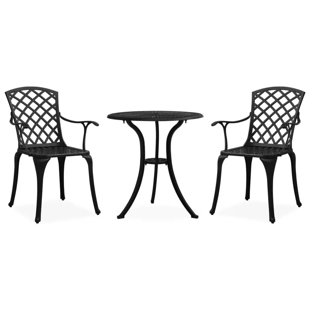 3 Piece Bistro Set Cast Aluminum Black Outdoor Cafe Dining Table and Chairs