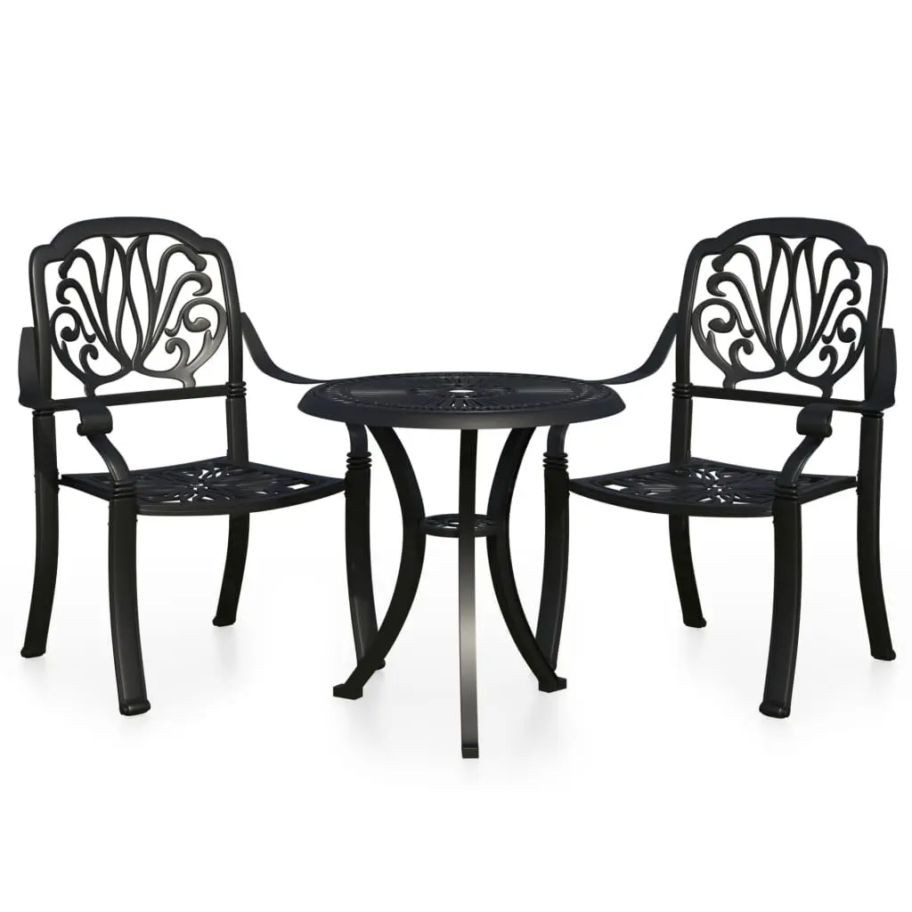 3 Piece Bistro Set Cast Aluminum Black Outdoor Cafe Table