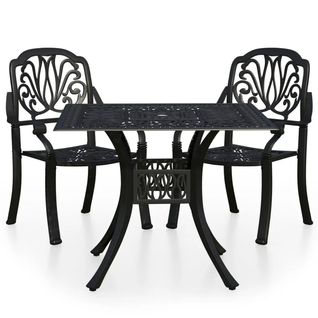 3 Piece Bistro Set Cast Aluminum Black Outdoor Cafe Table and Chairs
