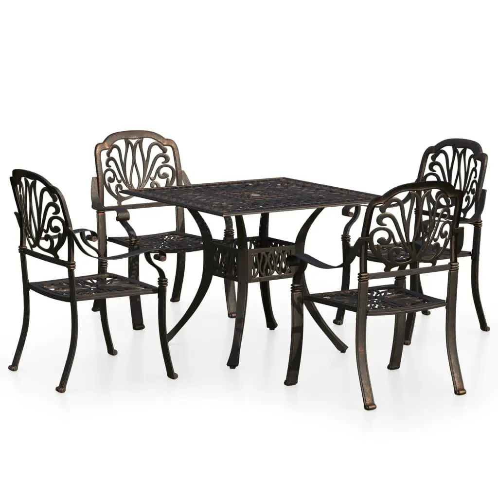 5 Piece Bistro Set Cast Aluminum Bronze Outdoor Cafe Table and Chairs