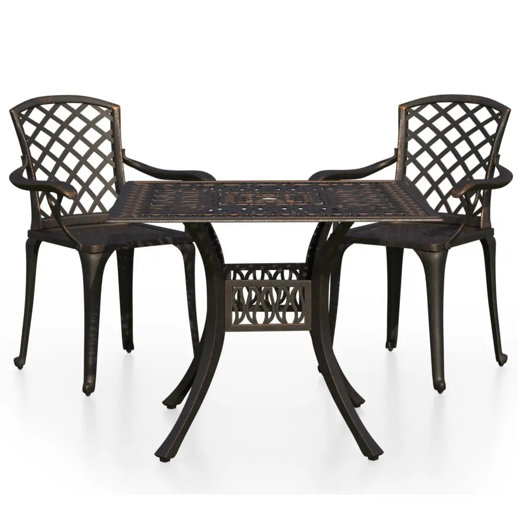 3 Piece Bistro Set Cast Aluminum Bronze Outdoor Cafe Table and Chairs