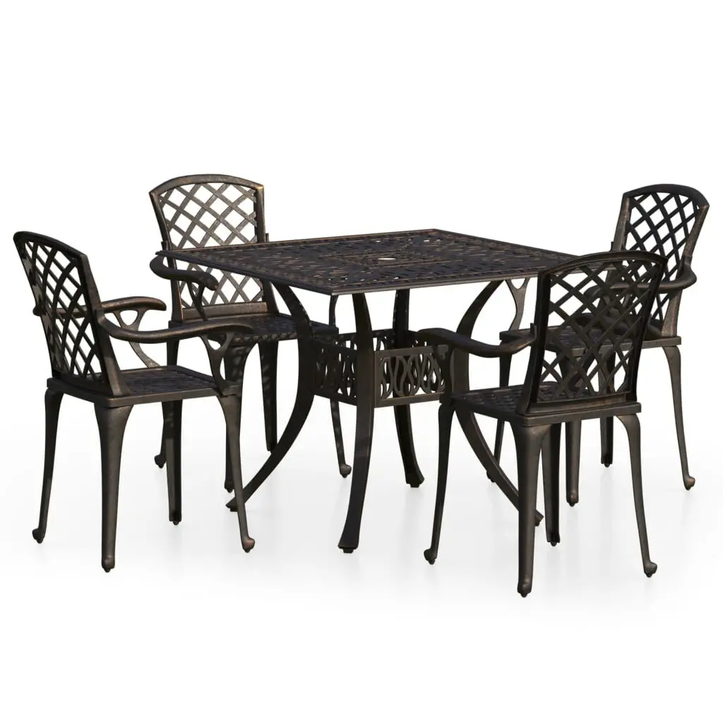 5 Piece Bistro Set Cast Aluminum Bronze Outdoor Cafe Table and Chairs