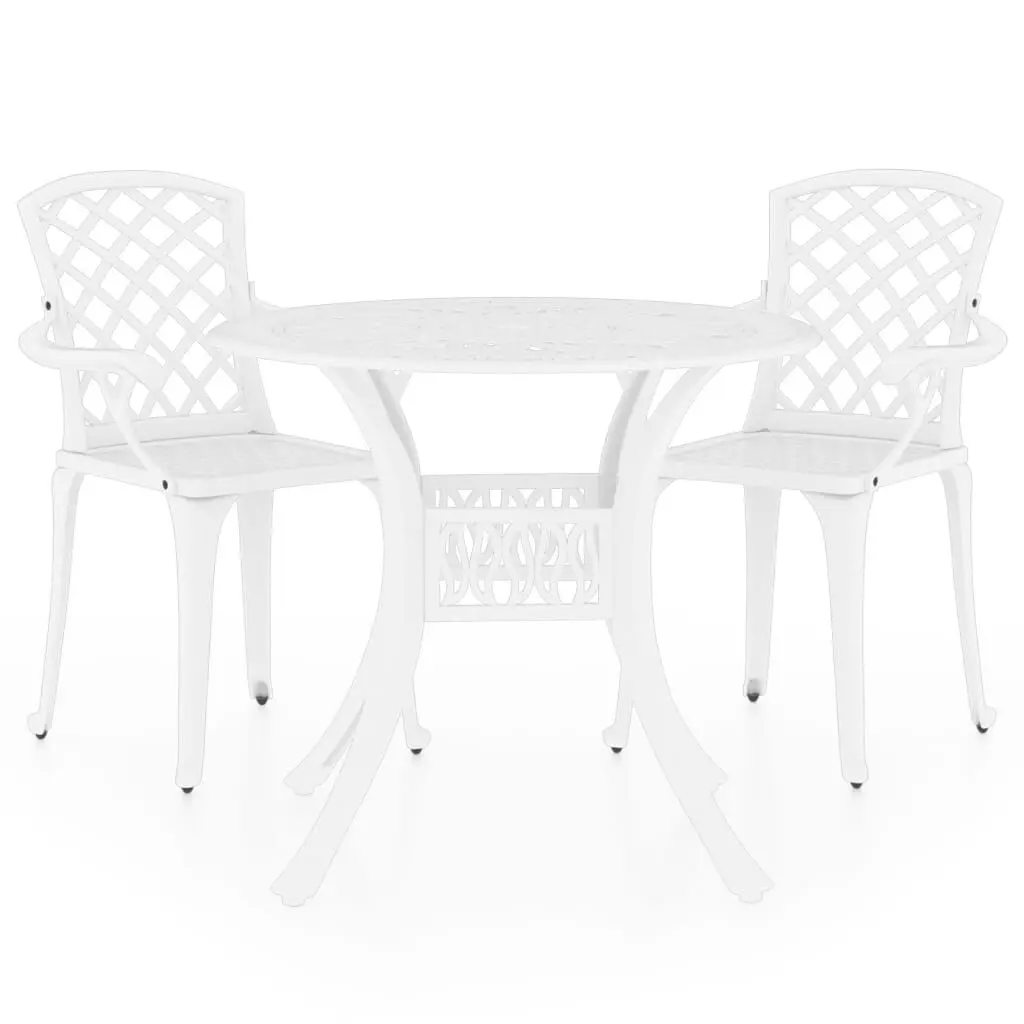 3 Piece Bistro Set Cast Aluminum White Outdoor Cafe Table and Chairs